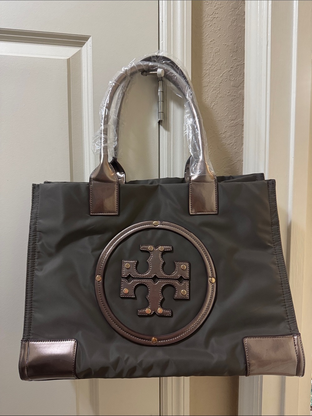 Tory Burch Dark Gray  Nylon Tote with bronze Metallic Trim